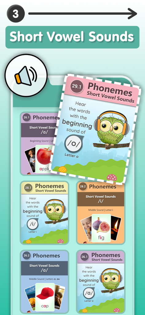 Interface of a phonics app showing lesson cards for short vowel sounds with an owl mascot and speaker icon.