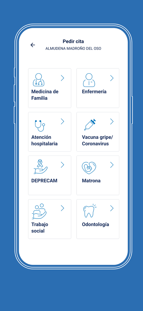 Interface of the Tarjeta Sanitaria app showing a list of medical specialties to book an appointment