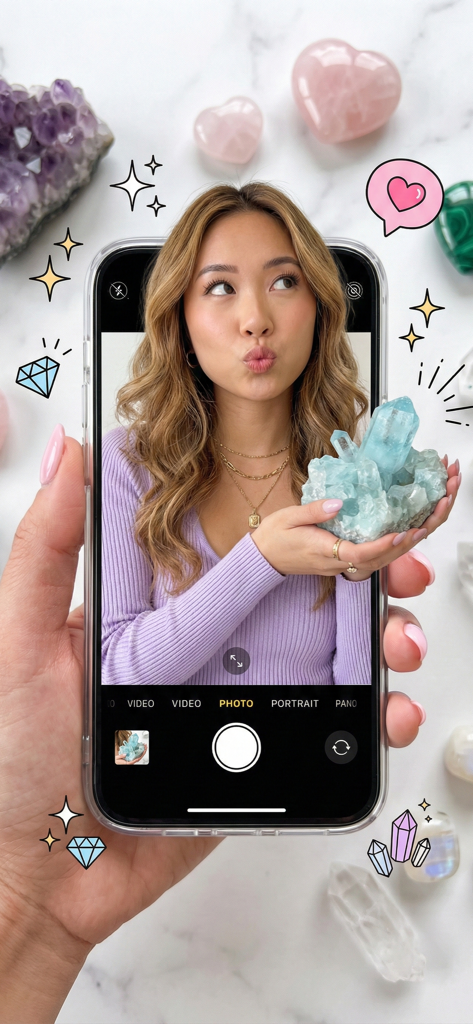 Rock Identifier: Gem & Crystal - A smartphone screen showing a woman scanning a blue crystal cluster using the Rock Identifier app