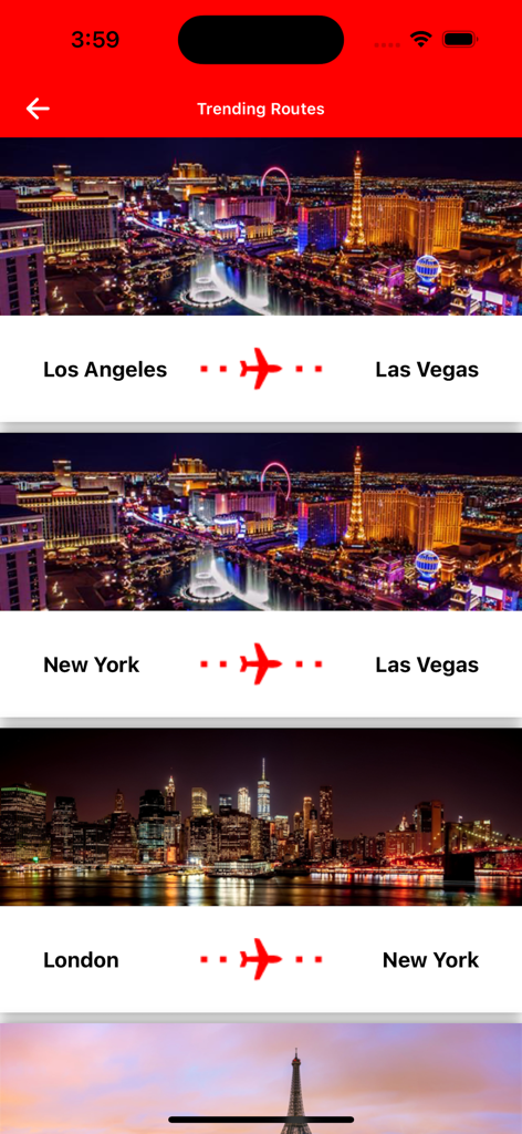 Fly Air - Un écran de l'application Fly Air montrant les routes de jets privés tendances entre des villes comme New York et Las Vegas