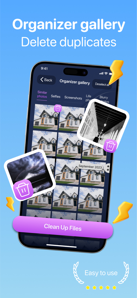 NebulaSpeed - Stellar Cleanup - Screenshot of NebulaSpeed app interface showing the organizer gallery to delete duplicate photos with a clean up files button