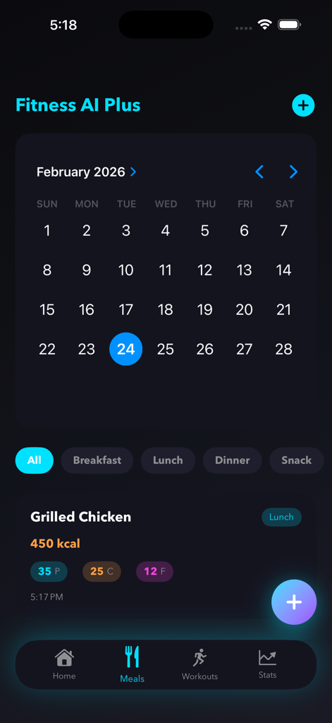 Fitness AI Plus - Fitness AI Plus app interface showing a calendar and a logged meal with calories and macronutrients