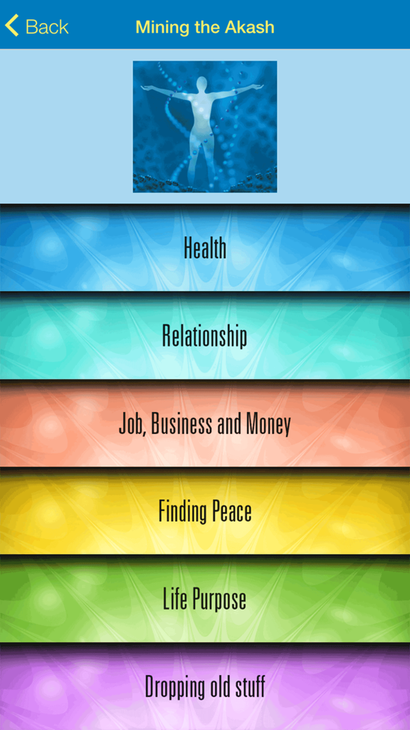 Pantalla de menú de la aplicación Akashic Power que muestra categorías espirituales como Salud, Relaciones y Propósito de Vida