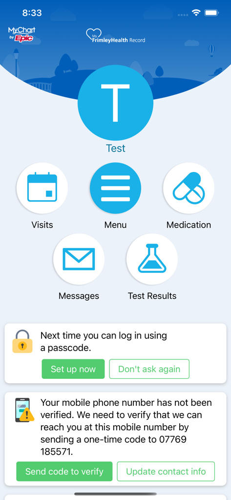 MyFrimleyHealth Record - Dashboard of the MyFrimleyHealth Record app showing medical visits medications and test results icons
