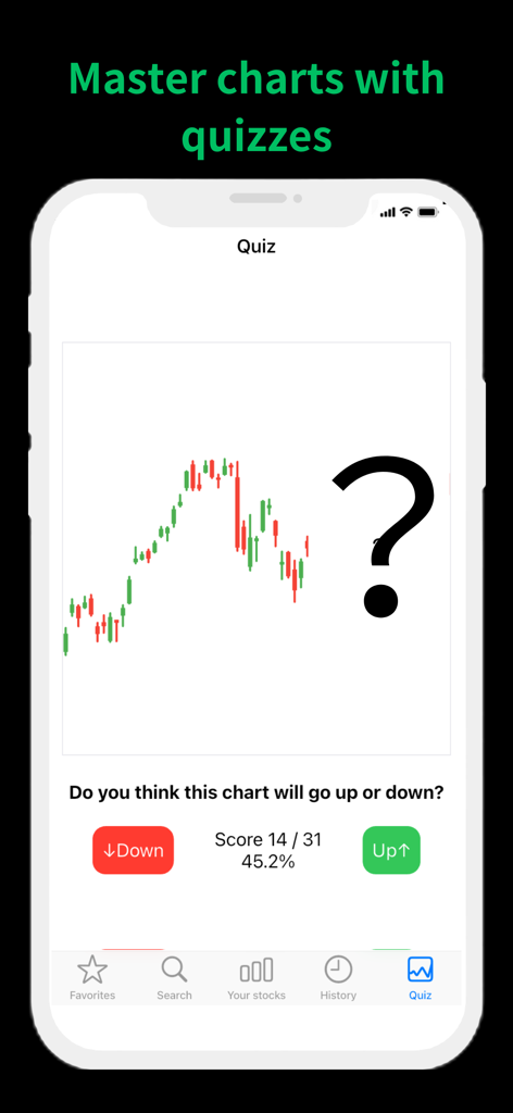 TradePlay - Demo Trading - Interface de l'application TradePlay montrant un quiz de prédiction de graphique en chandeliers avec des boutons haut et bas pour le trading de pratique