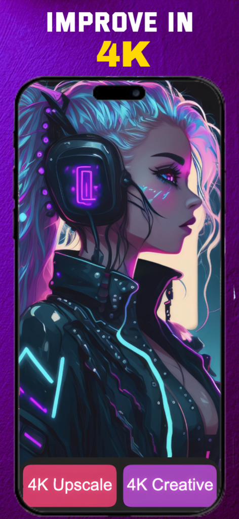 Text to Image AI Generator Art - AI generator app interface showing a 4K upscaled image of a cyberpunk woman