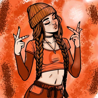 realistic teenage girl with braids and a beanie and crop top doing 🫶🏼