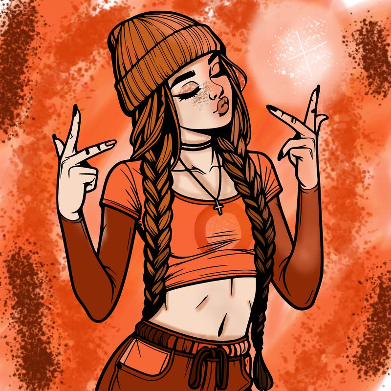 realistic teenage girl with braids and a beanie and crop top doing 🫶🏼