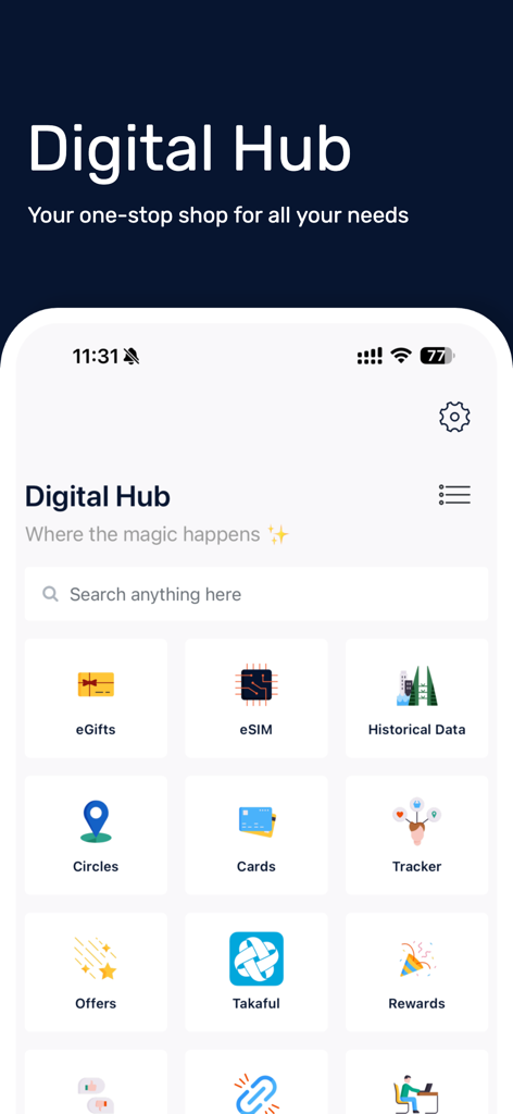 Al Salam Bank Bahrain - Al Salam Bank mobile app screen showing the Digital Hub with icons for eGifts, eSIM, Cards, and Takaful services.