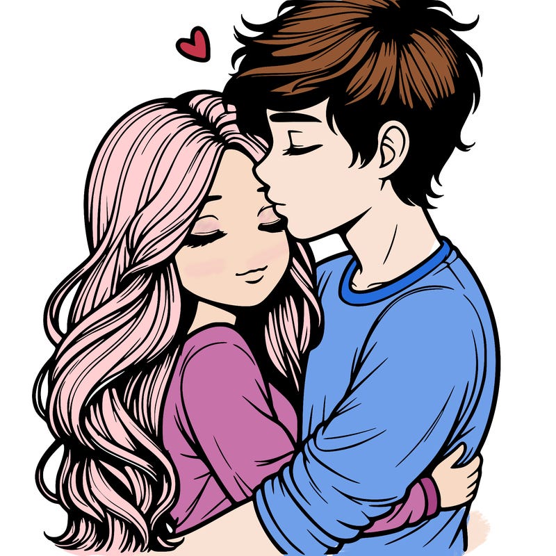 a realistic couple boy and girl hugging and kissing