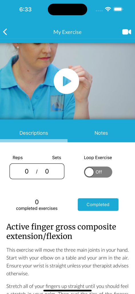 Hand Therapy - Hand Therapy app screen displaying a video tutorial and instructions for active finger extension and flexion