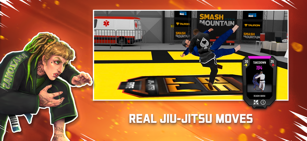 BeJJ Jiu Jitsu Game screenshot showing a real takedown move and combat card
