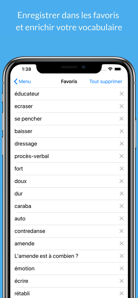 Dictionnaire Français. - iPhone screen showing a list of favorite French words in the Dictionnaire Francais app