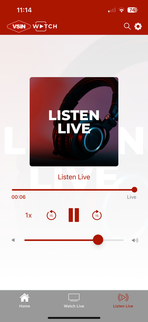 VSiN Watch - VSiN Watch app interface showing the live audio player for sports betting analysis and news.