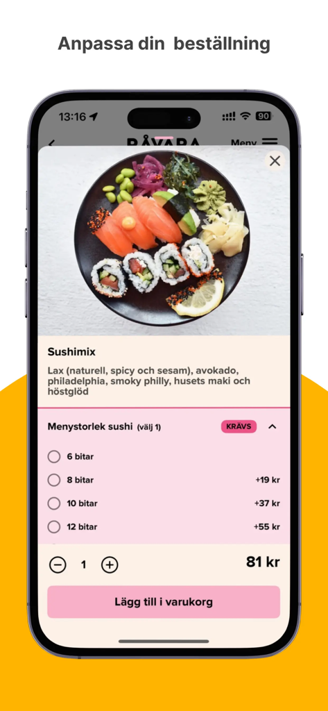 Smartphone display of the Ravara app showing a sushi mix customization screen with price and add to cart button.