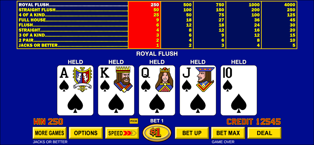 Video Poker ™ - Classic Games - Jacks or Betterビデオポーカーのゲーム画面に、複数のハンドでロイヤルフラッシュの勝利が表示されている。