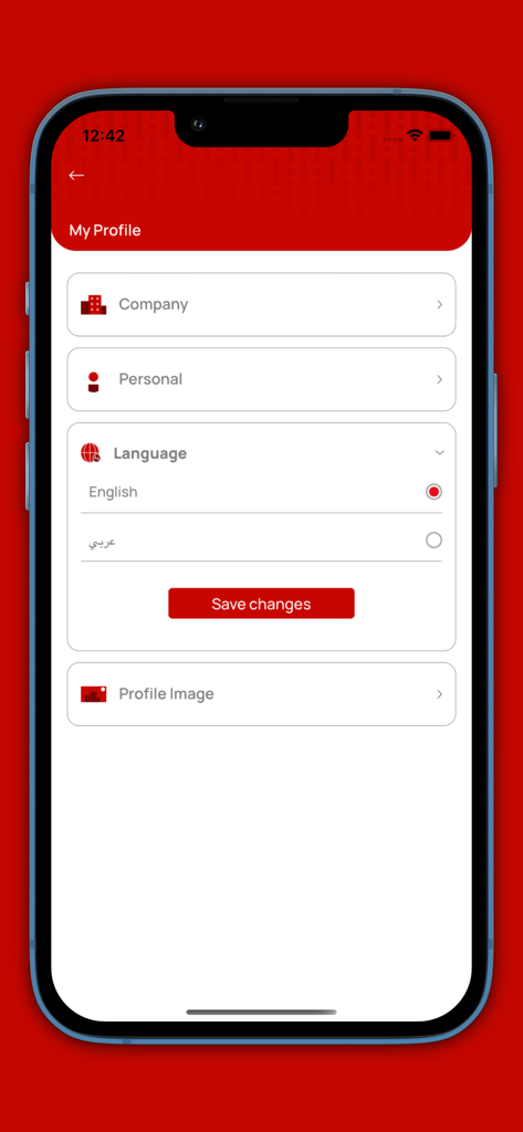 iPay Merchant - Profile settings screen in the iPay Merchant app showing options for company details personal info and language selection