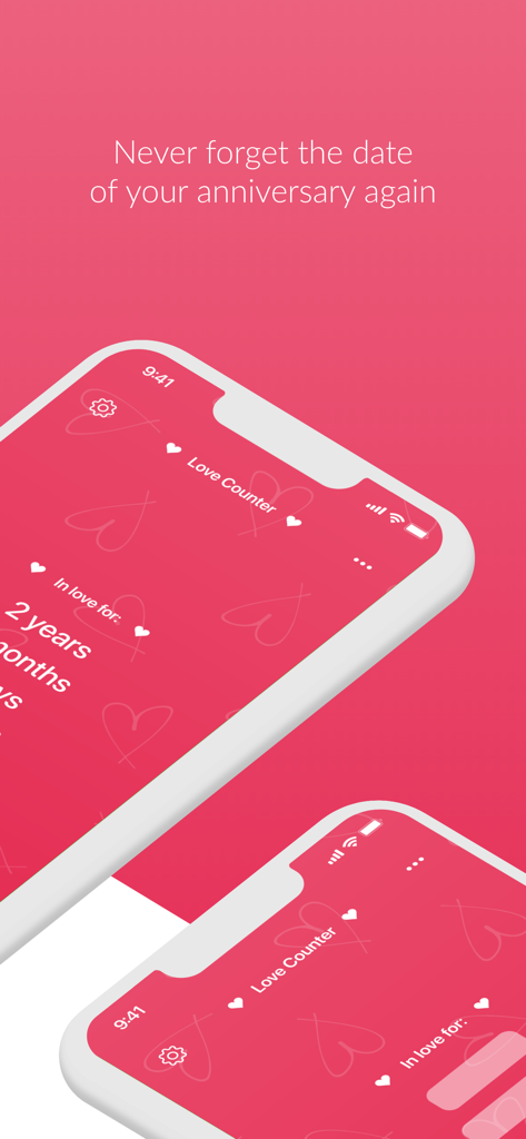 Interfaz de la aplicación Love Counter en dos iPhones con texto de recordatorio de aniversario sobre un fondo rosa