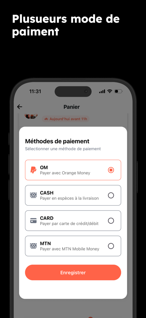 Liigo App - Liigo app screen showing various payment options including Orange Money MTN mobile money cash on delivery and credit card