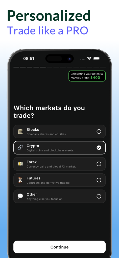 Tela de um celular do aplicativo Take Profit AI Trading perguntando ao usuário quais mercados ele negocia com opções para Ações, Cripto, Forex e Futuros.
