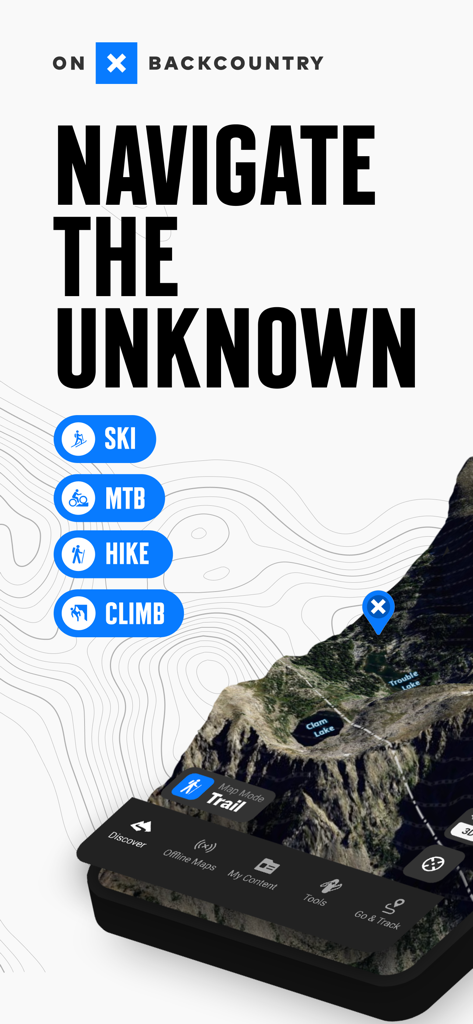 onX Backcountry: Trail GPS App - Interface de l'application onX Backcountry montrant des cartes topographiques 3D et des modes d'activité pour le ski, le vélo de montagne, la randonnée et l'escalade.