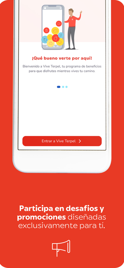Terpel - Terpel app welcome screen highlighting the Vive Terpel benefits and promotions program