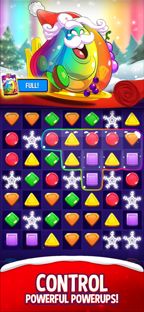 Match Masters gameplay screen featuring a Santa Claus character and a colorful match-3 puzzle board