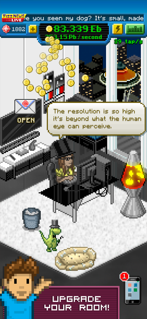 Gameplay en pixel art de Bitcoin Billionaire montrant un personnage minant des pièces virtuelles dans un bureau moderne avec un dinosaure comme animal de compagnie.