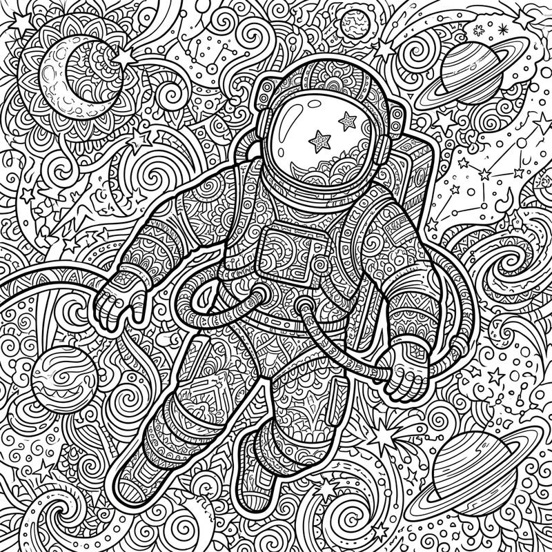 Blast off into creativity with this unique Zentangle Cosmonaut coloring page. Discover an intricate world of cosmic patterns and celestial bodies, perfect for a meditative art escape.