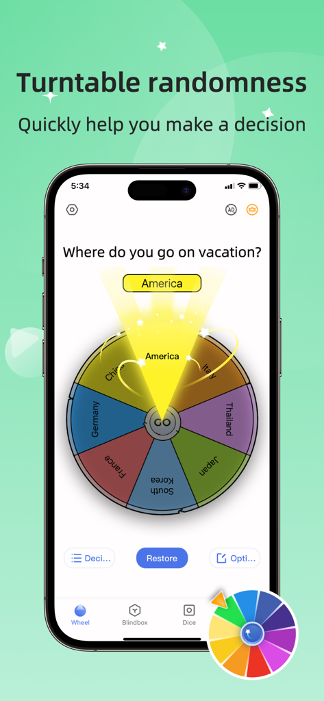 A colorful decision wheel app interface selecting America as a random vacation destination