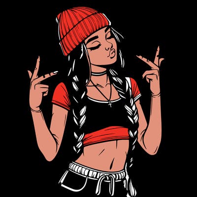 realistic teenage girl with braids and a beanie and crop top doing 🫶🏼