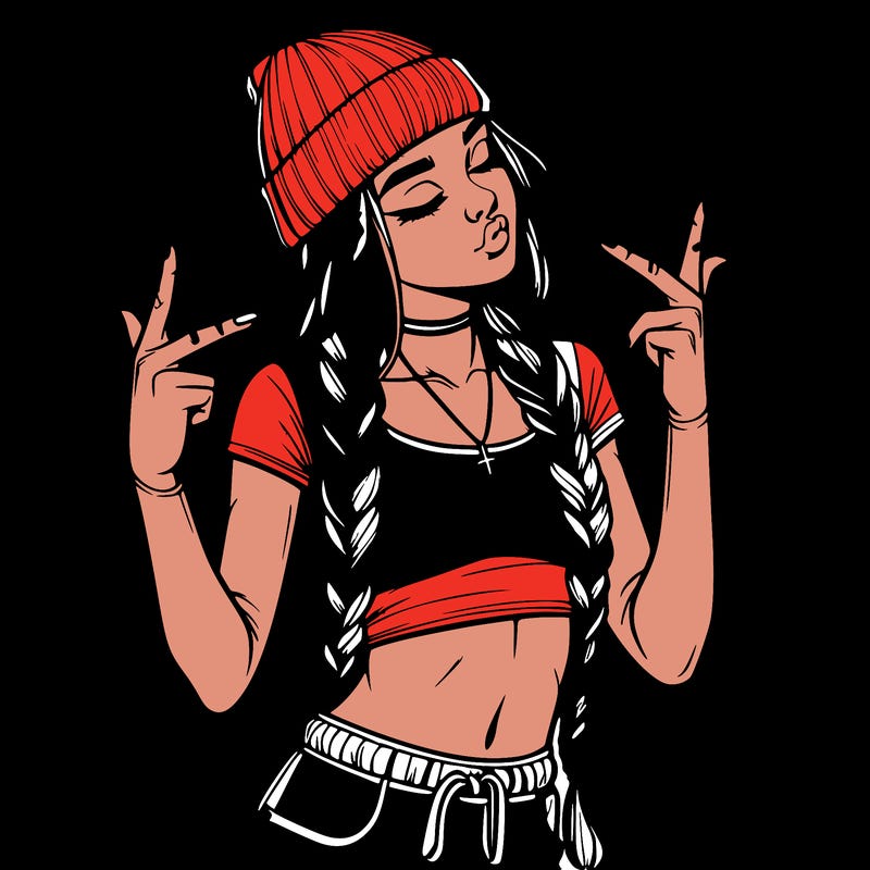 realistic teenage girl with braids and a beanie and crop top doing 🫶🏼
