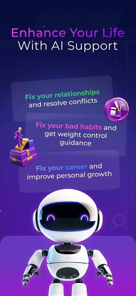Sentia: Chat with AI Character - Sentia AI app screenshot showing features for relationship habit and career improvement.