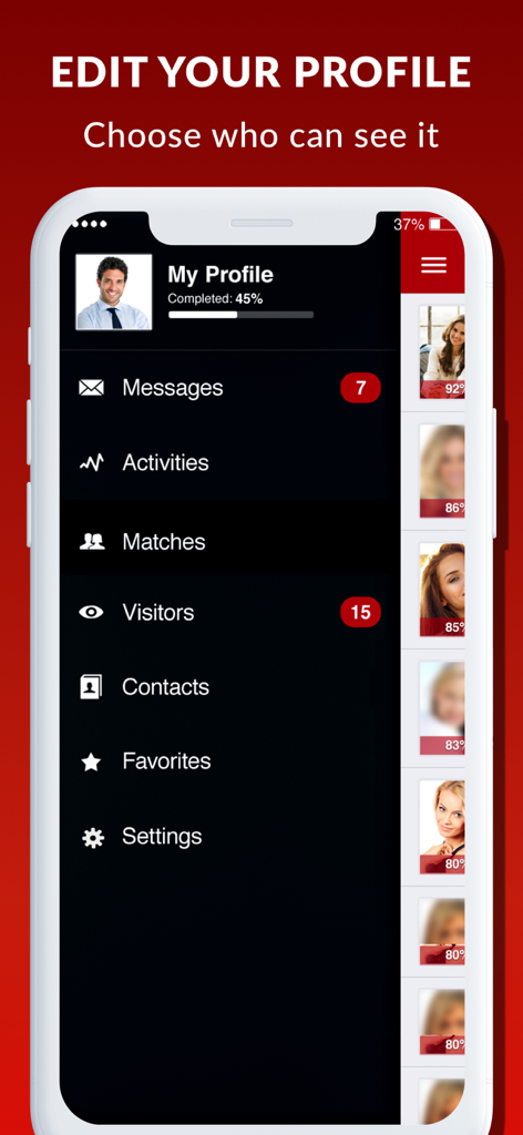 eCift app user profile dashboard showing messages matches and visitors notification badges
