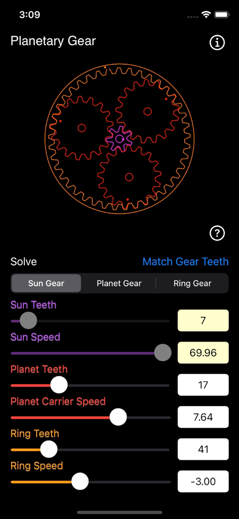 Planetary Gear Calculator - Oberfläche der Planetengetriebe-Rechner-App mit einem Getriebediagramm und Parameter-Schiebereglern für Zähne und Geschwindigkeit.