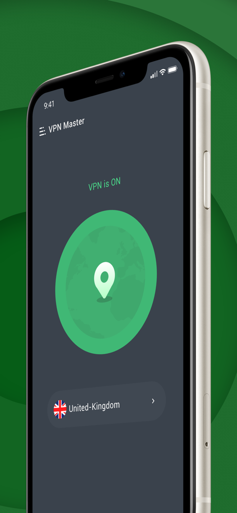 VPN Master Lite app interface showing an active connection to a United Kingdom server