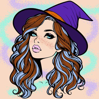 realistic witch girl with wavy hair and lips