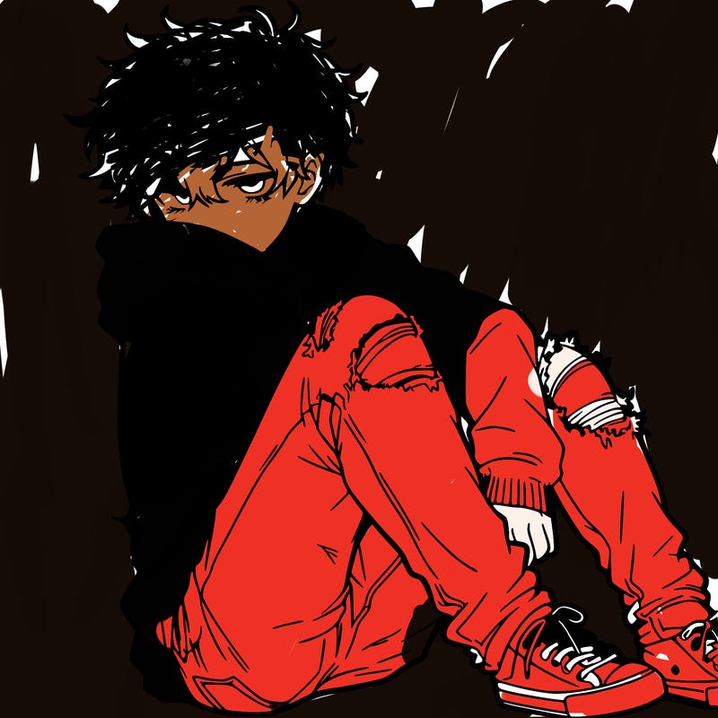 a male hoddie ripped jeans messy hair anime