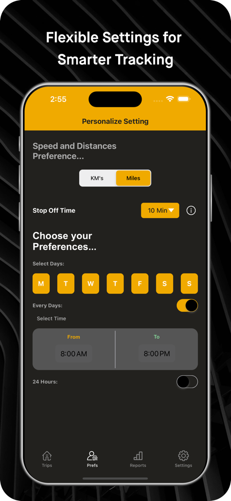 Tela de personalização de configurações para escolher unidades de distância e horário de rastreamento