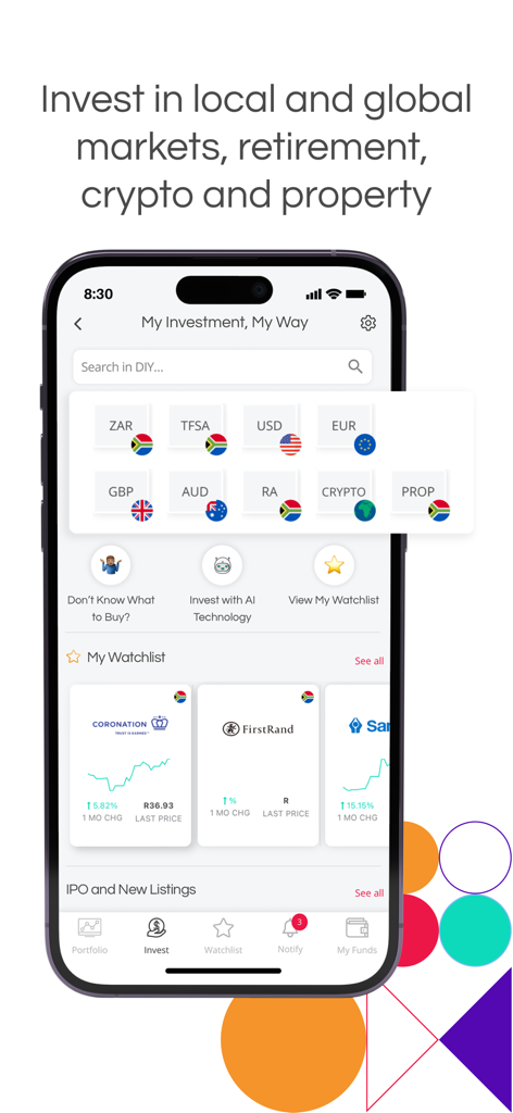 Panel de control de la aplicación móvil EasyEquities que muestra el acceso al mercado global y funciones de inversión con IA.