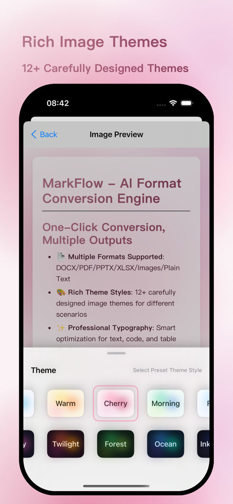 MarkFlow: AI Format Engine - Interfaz de la aplicación MarkFlow mostrando diferentes temas estéticos para formatear texto Markdown en imágenes