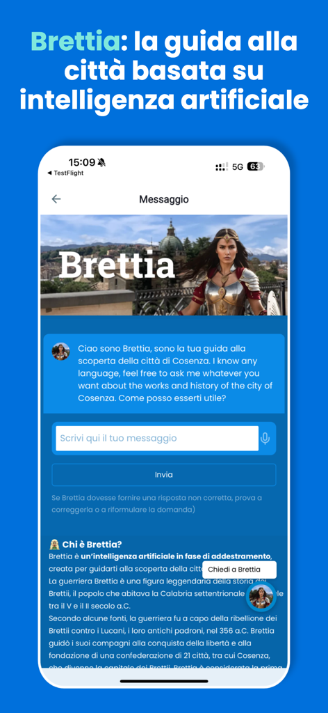 CosenzApp - CosenzApp mobile interface featuring Brettia the AI powered city guide