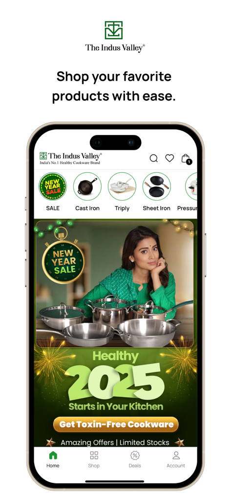 The Indus Valley mobile app home screen featuring toxin-free cookware categories and promotional sales banners