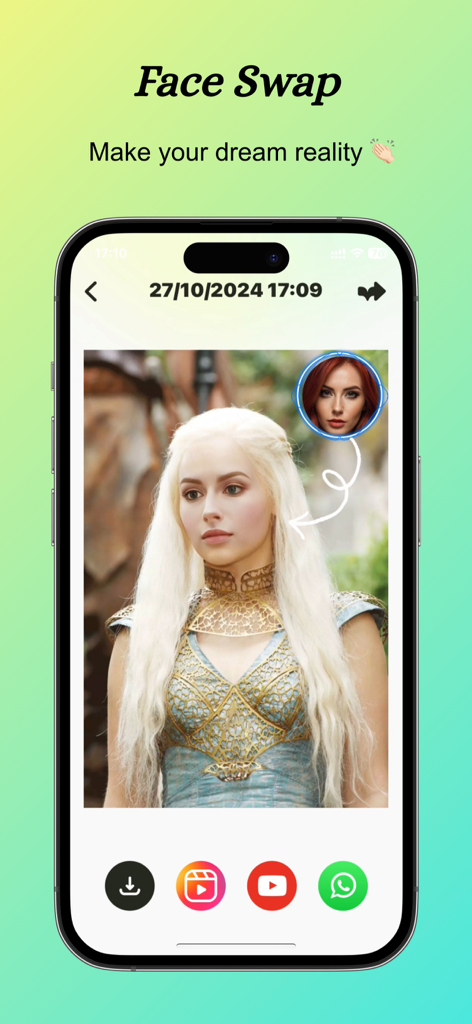 FaceMorpher - AI Swap Videos - A mobile interface of the FaceMorpher app showing a woman's face being swapped onto a fantasy character with long blonde hair.