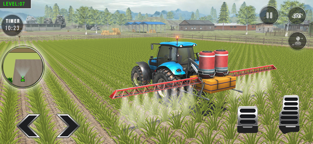 Farming Simulator - 24 - A blue tractor spraying crops in a farming simulator game.