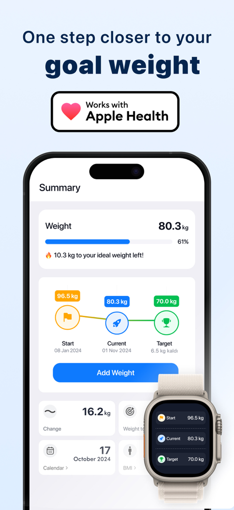 WTrack app summary dashboard on iPhone and Apple Watch showing weight progress and target goals with Apple Health integration.