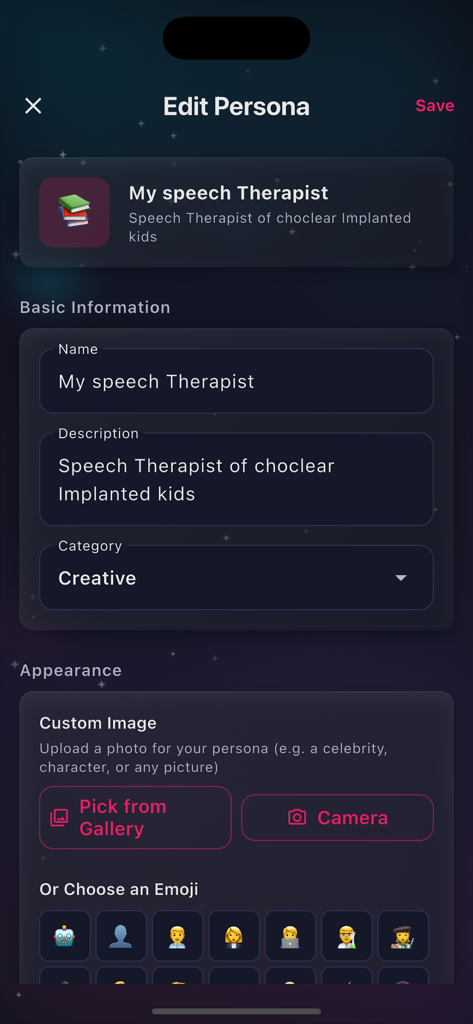 ChatAgent AI Chat Ask Anything - Interface do aplicativo ChatAgent mostrando a tela Editar Persona para personalizar o perfil e as configurações de um assistente de IA.
