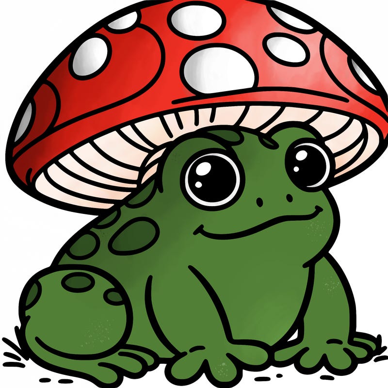 frog wearing a mushroom hat