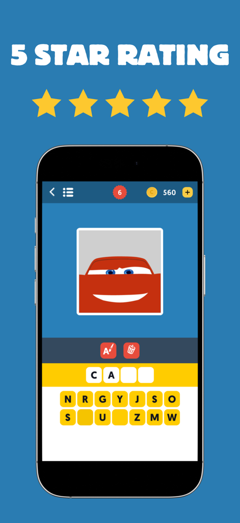 Guess The Movie: Picture Quiz - Pantalla de juego de Adivina la Película: Quiz de Imágenes mostrando una ilustración minimalista de la película Cars con una calificación de 5 estrellas.