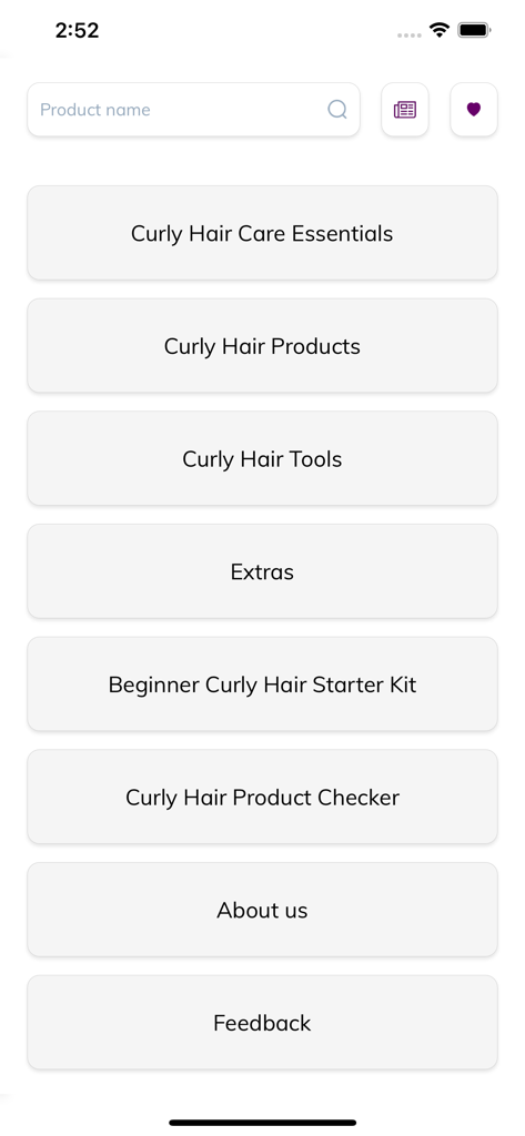 Curl Planet - Menu principal do aplicativo Curl Planet com categorias de produtos e ferramentas para cuidados com cabelos cacheados